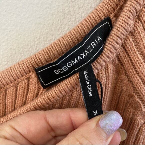 BCBGMAXAZRIA Merino Wool Blend Ribbed Off Shoulder Sweater Top Blush Sz M - Picture 5 of 8